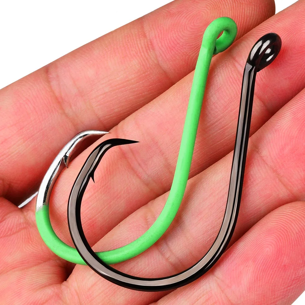 10 Stück fluoreszierende grüne Haken aus Kohlenstoffstahl, Kreis-Angelhaken, scharfe Haken mit Widerhaken, 1/0 # -10/0 #   für Karpfenbarschangeln