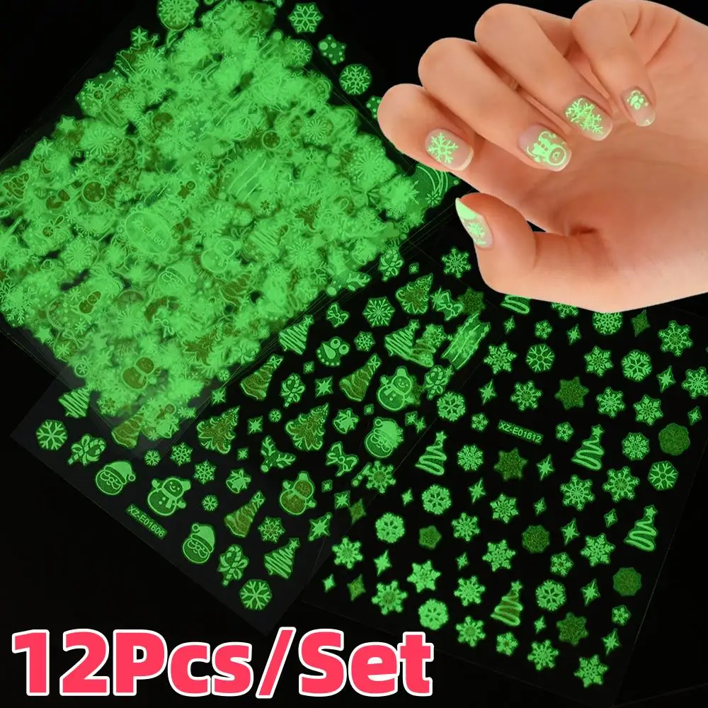12Pcs/Set 3D Luminous Christmas Snowflakes Nail Stickers Snowman Elk Xmas Tree Bow Bell Nail Decals Winter Nail Art Decorations