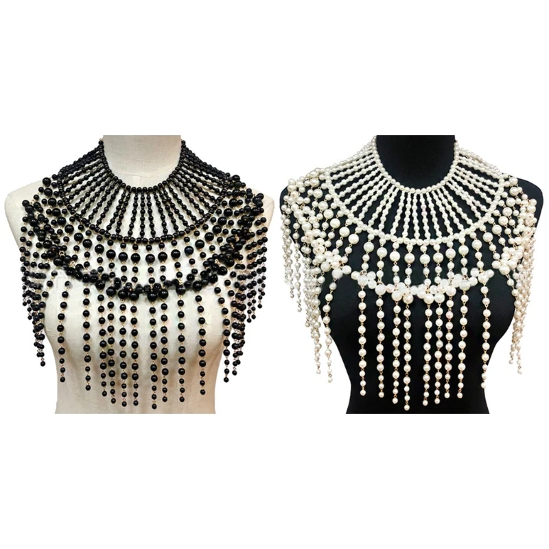 

Exaggerated Layered Jewelry Shoulder Body Chain Harness Pearl Beaded Fringed Tassel Bib Choker Necklace Fake Drop Shipping