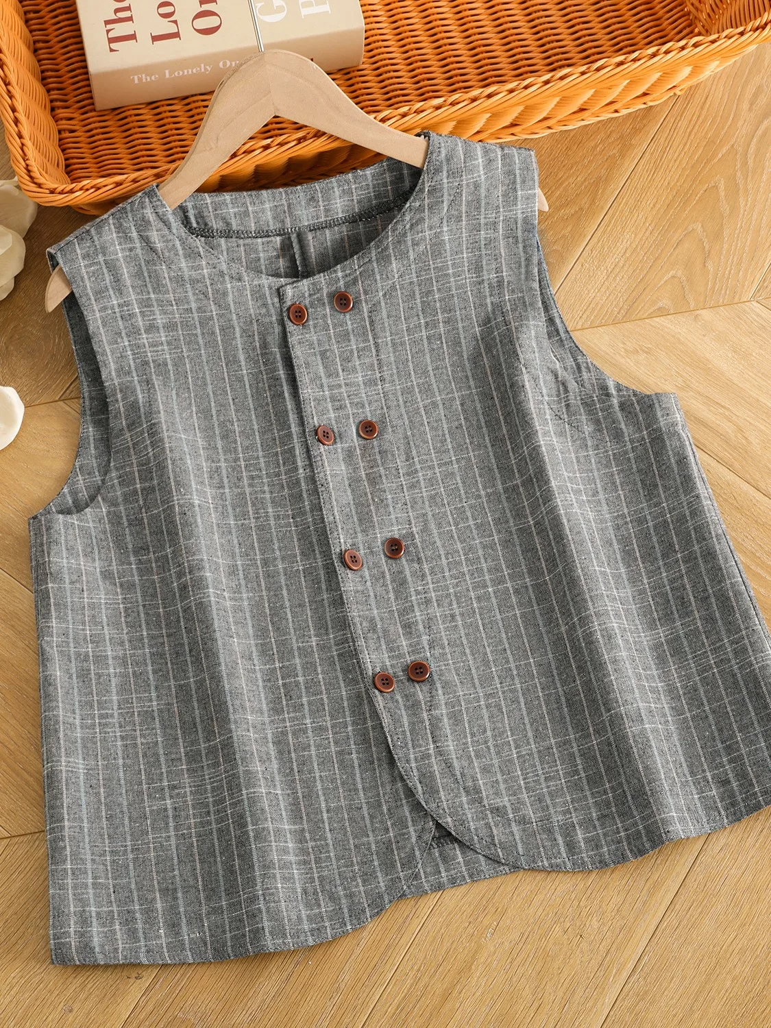 

Женский повседневный льняной костюм в полоску, жилет, весенний сезон, элитный утягивающий топ на пуговицах, круглые Ne двухрядные пуговицы