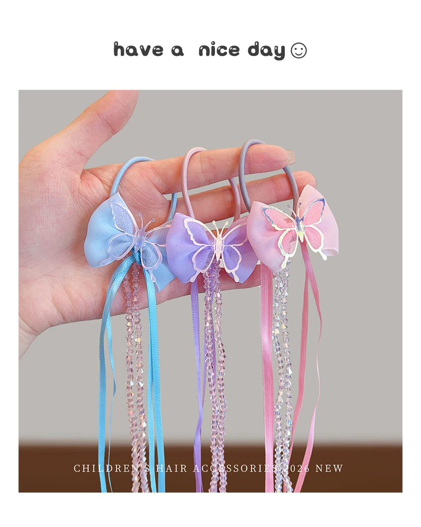 2026 Neu 2er-Set Schmetterlings-Haarschleifen mit Quasten und Kristallen – Hochelastisch, schadet den Haaren nicht, elastisch für Babys, Kleinkinder und Kinder – Geschenk – Detail 10