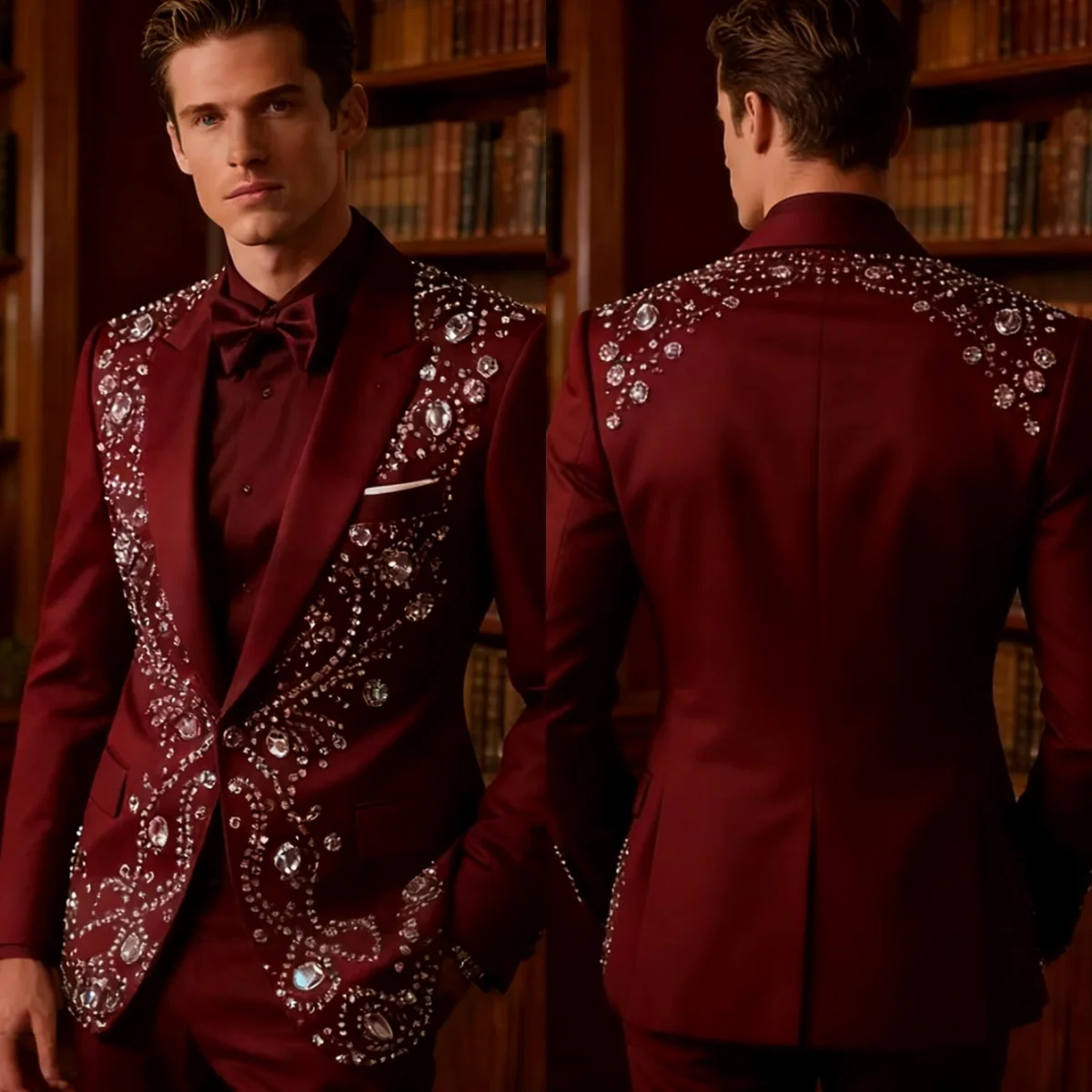 

Luxurious 2 Pieces Suits For Men Single Breasted Peaked Lapel Groom Wedding Tuxedos Crystals Customized Outfits