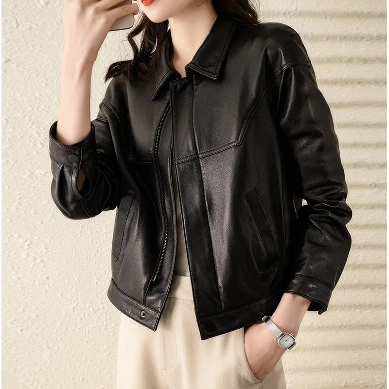 2024 autumn Motorcycle black leather jacket,genuine leather women's short style new women's versatile sheepskin leather jacket