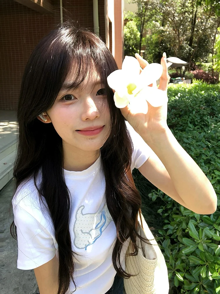 Korean Style Soft Cute Dog Polka Dot Patch Embroidered T-Shirt Women's Summer New round Neck Slim Fit Versatile Shoulder Shor...
