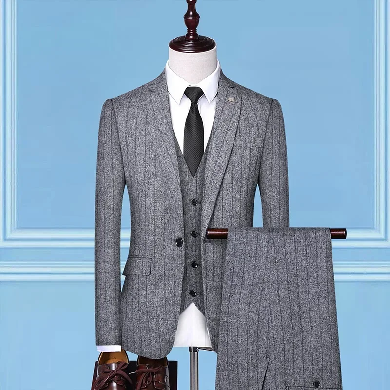 High Quality (suit + Vest + Trousers) Single Button Fashion Business Vertical Stripe Gentleman Suit Korean Suit Three-piece Suit