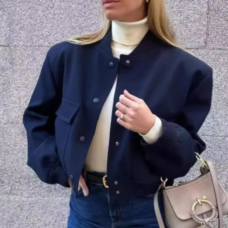 Women Fashion Jacket Solid Color Coat Autumn Winter Button Baseball Aviator Cropped Jackets For Women Long Sleeve Crop Outerwear