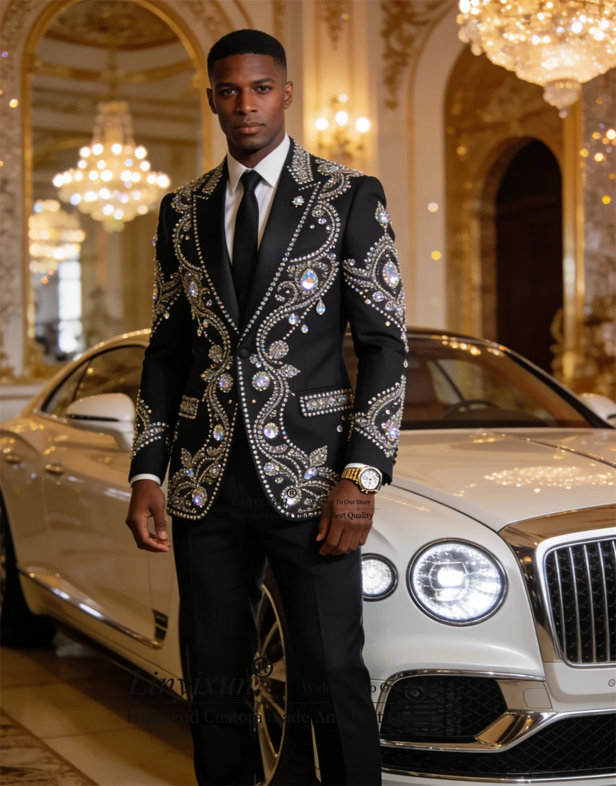 

Luxury Rhinestone Beaded Men Suits 2 Piece Sets Groom Tuxedos Customized Male Prom Blazers Slim Fit Wedding trajes para hombre