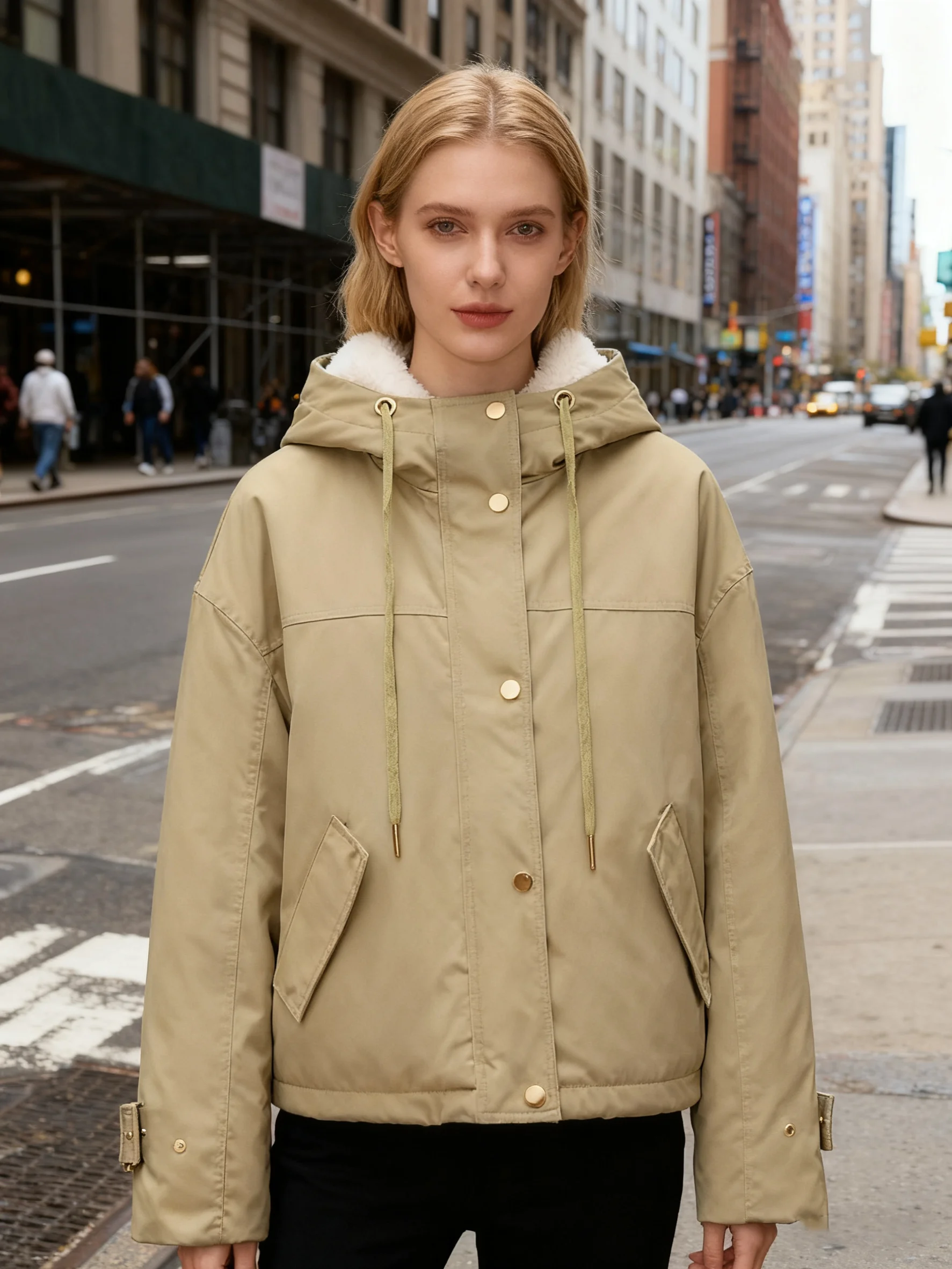 

Короткая парка с капюшоном из искусственного меха, свободная куртка для женщин, молния спереди, с длинным рукавом, осенне-зимнее теплое пальто