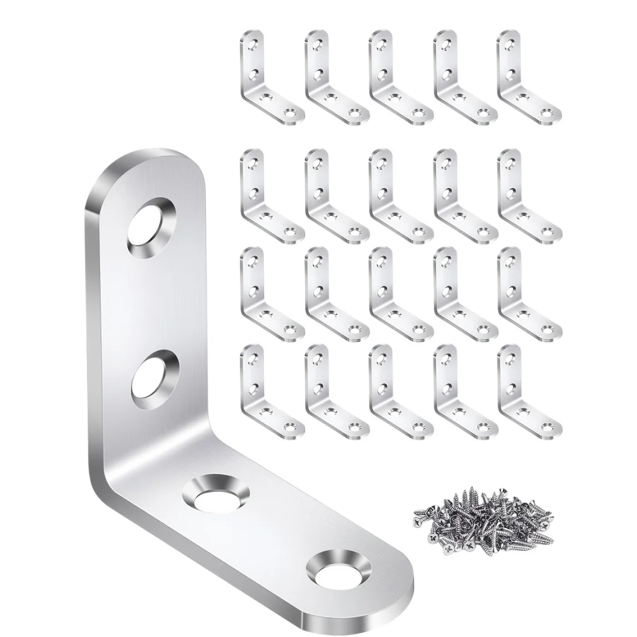 21PCS L Brackets Stainless Steel Corner Braces with Screws, 90° Right Angle Shelf Supports for Wood Furniture accessories
