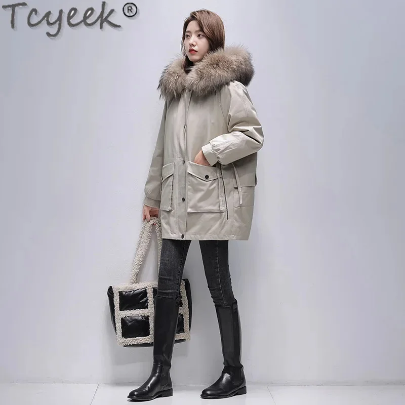 Tcyeek-Parka mi-longue pour femme avec col en fourrure de raton laveur, veste coréenne amovible, doublure de lapin Rex, vêtements chauds pour l'hiver, 23