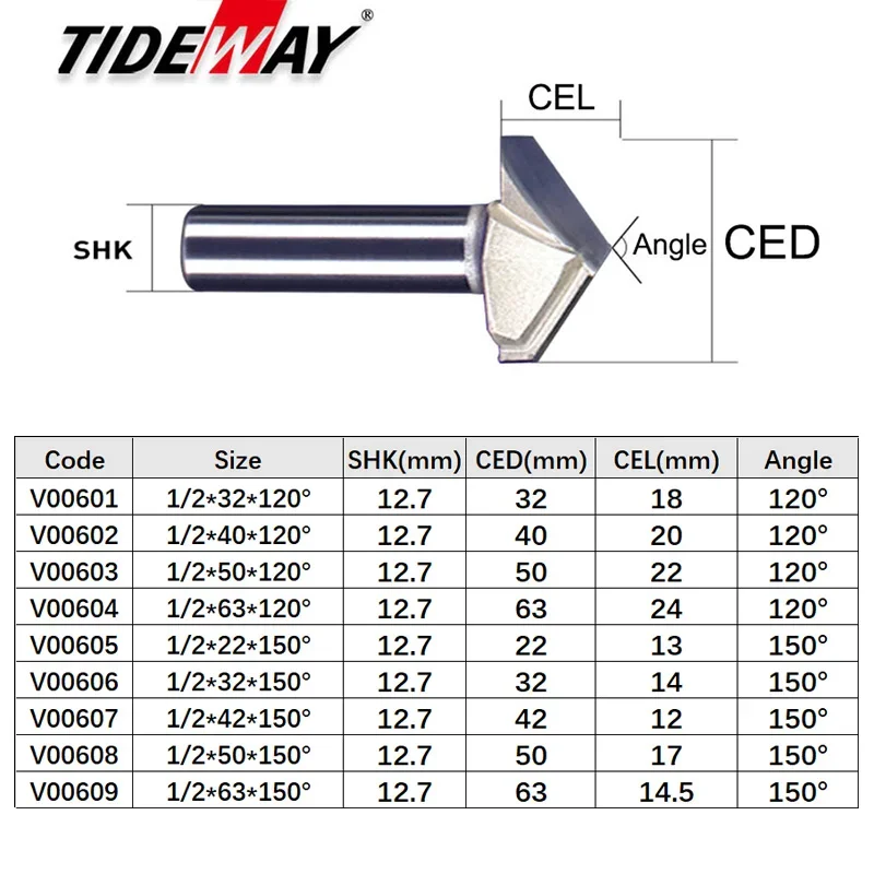 Tideway V Groove Router Bit 120 ° 150 ° doppio flauto smusso smusso Bit strumenti per la lavorazione del legno incisione Slotting Cutter per legno