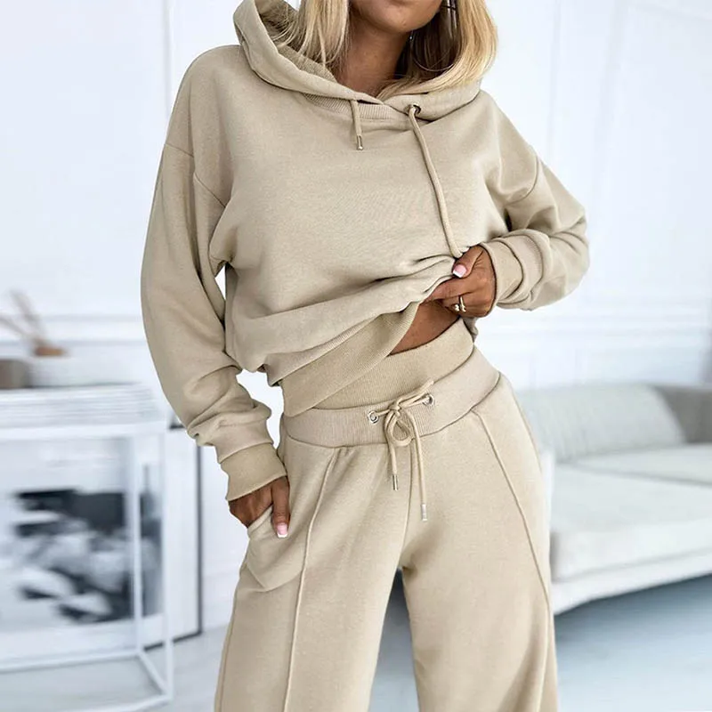 Women\'s Tracksuit Autumn Sweatshirts Two Pieces Set Elegant Casual Solid color Sports Hoodies Suit wide leg Long Pant Sets