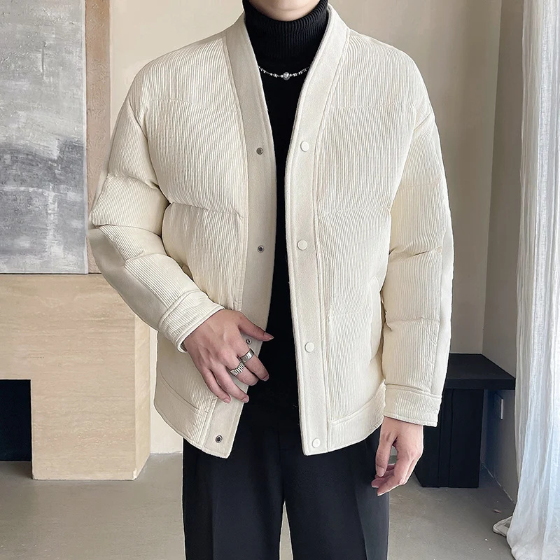 2024 Winter New Men's Fashion V-neck Woolen Splicing Cotton Coat with Thick Cotton for Warmth, Trendy Design Cotton Jacket