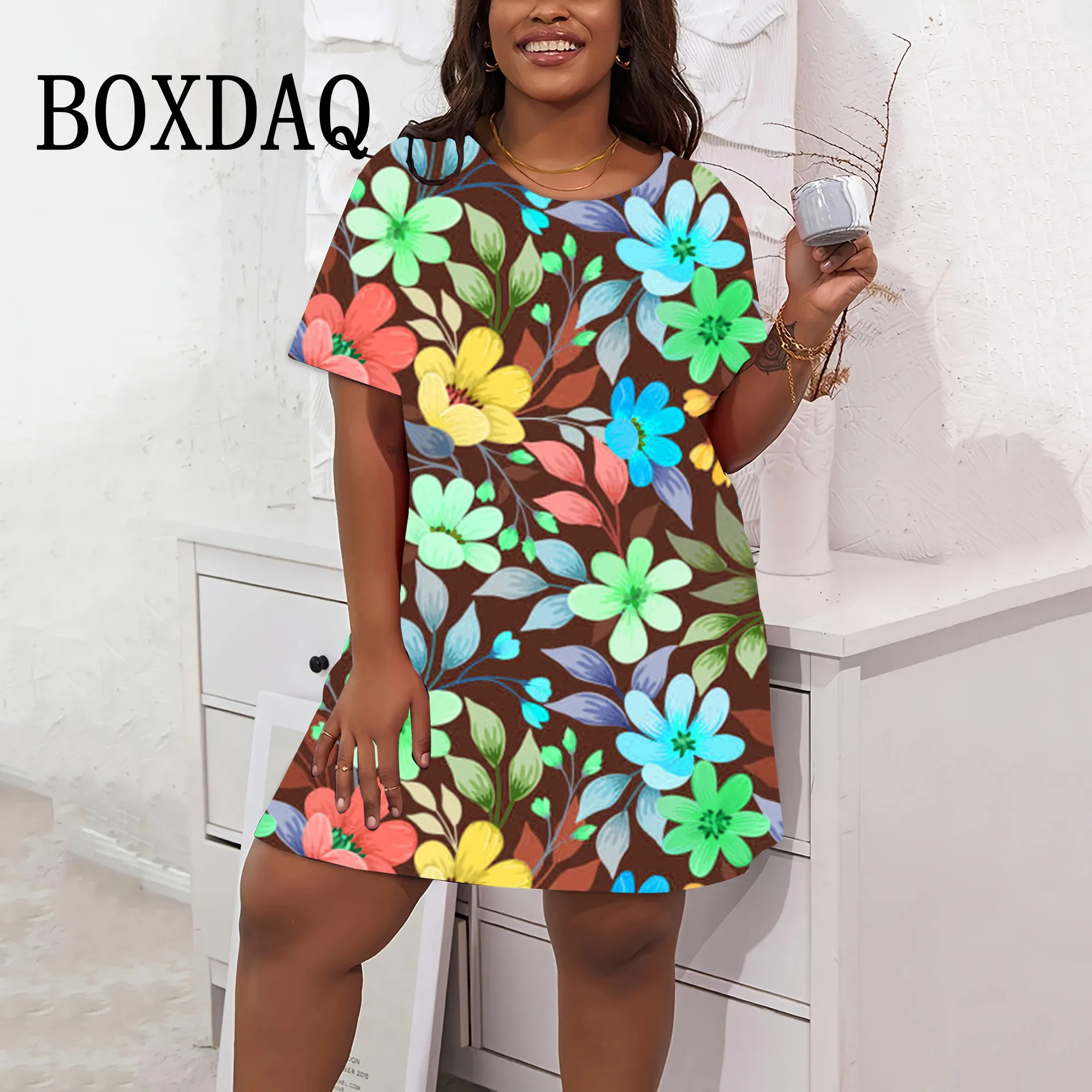 Fashion 3D Floral Print Dresses For Women Vintage Summer Big Sizes Short Sleeve Dress Casual O-Neck Loose Plus Size Clothing 9XL