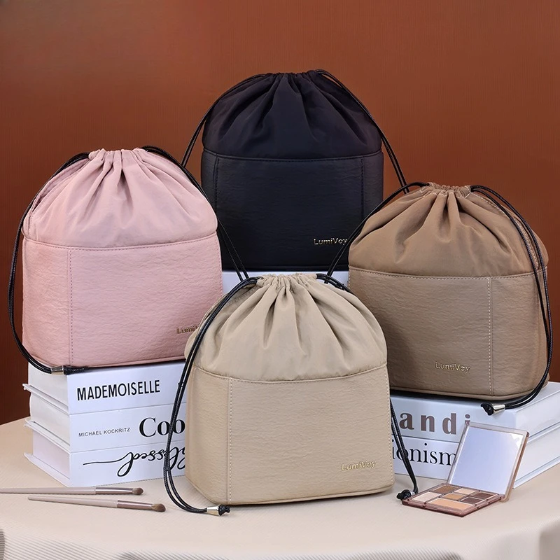 Collapsible Soft Drawstring Makeup Bag, Waterproof Travel Organizer for Bathroom Washing and Cosmetics Classification Storage