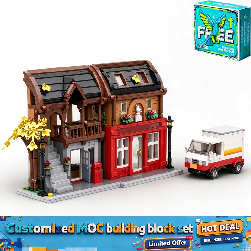 1317PCS Post Office Street Modular Building Blocks Model Custom Architecture Creative Assembly Educational Toy Birthday Gift