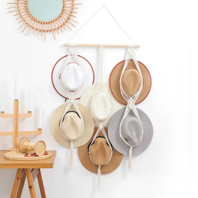 Nordic Style Boho Cotton Hanging Caps Holder Organizer Display Hat Scarf Organizer Rack Macrame Tapestry Hat Hanger Wall Storage