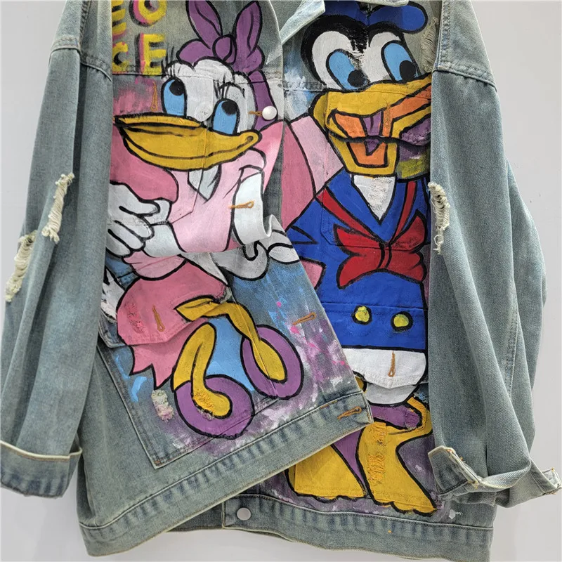 

Autumn Heavy Industry Hand-painted Graffiti Denim Jacket Women's Loose Medium And Long Streetwear Cool Cartoon Top Jeans Jaqueta