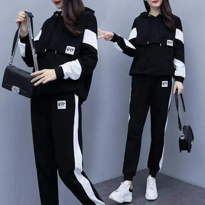 Tamanho grande moda feminina terno esportivo 2024 primavera e outono novo estilo moda solta casual manga comprida conjunto de duas peças