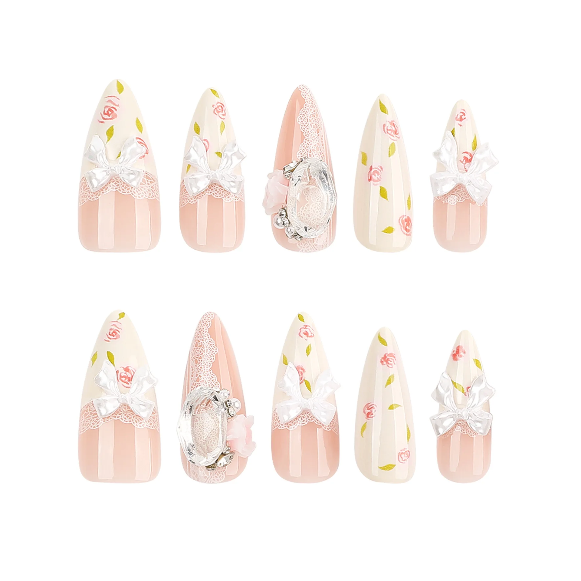 24pcs European Press on Nails 3D Flower Crystal Design French Almond False Nails Party Wedding Bride Wearable Fake Nail Patches