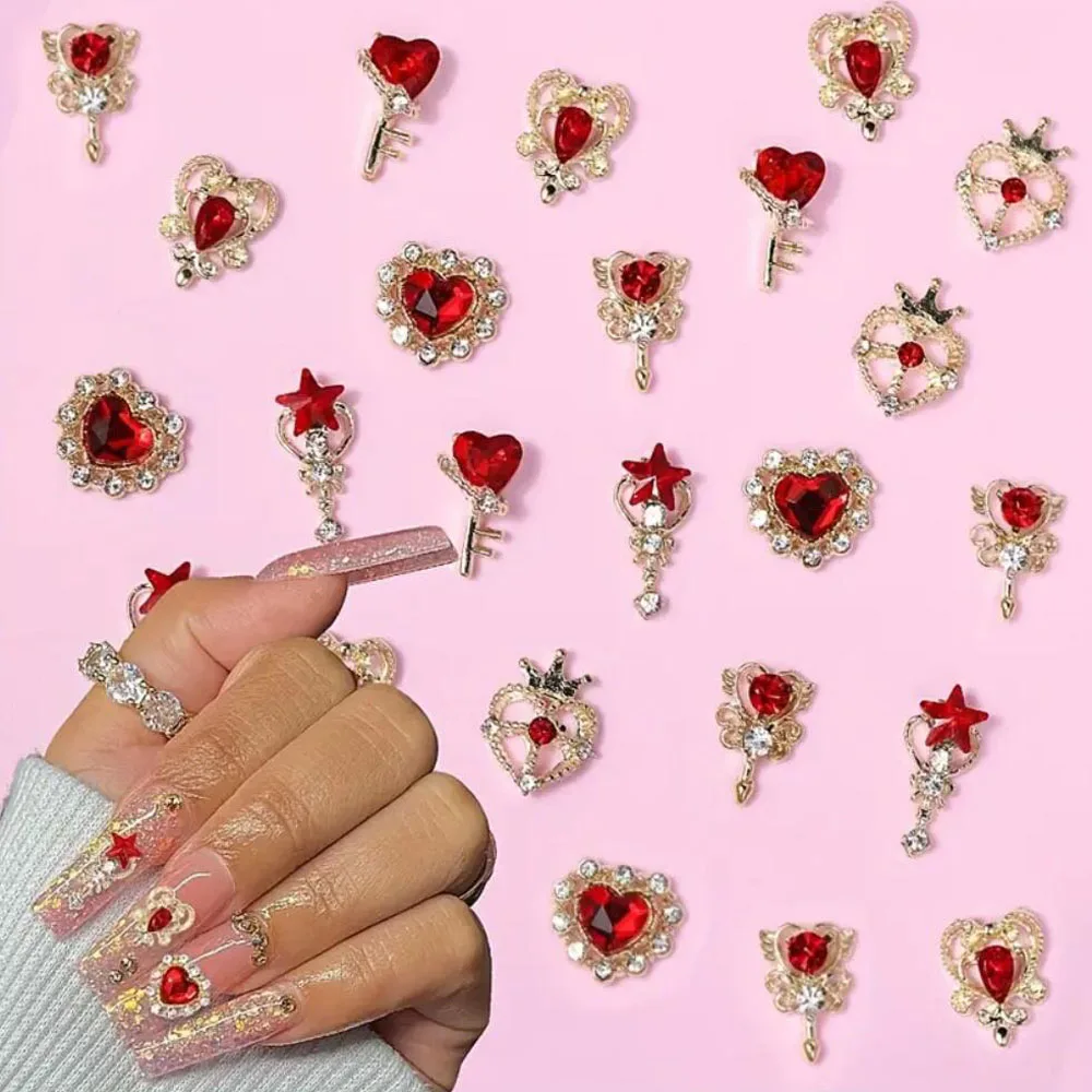 30 stuks Cupido Hart Sleutel Fee Wand Nagel Gem Decoratie Roze Hart Steentjes Nagel Charmes Zilverachtige Bas Kristallen Manicure Sieraden