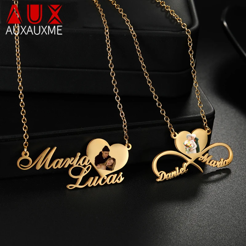 

Auxauxme Custom Color Photo Name Heart Necklace Stainless Steel Personalized Engrave Couple Friend Picture Necklace Jewelry Gift