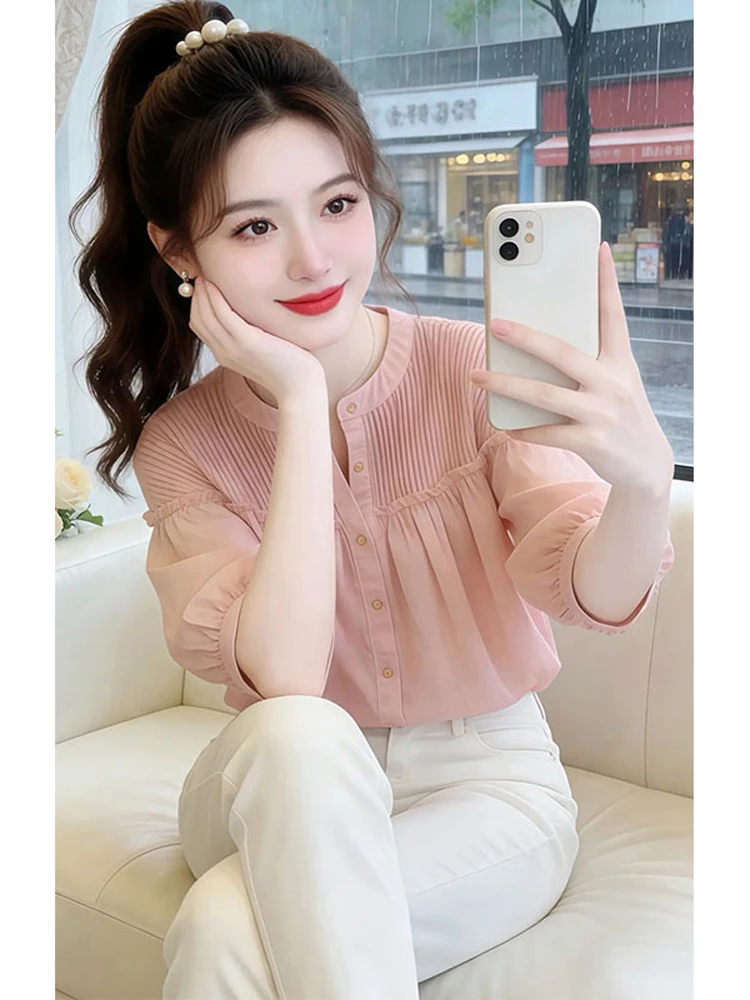 

Korean Style Unique Pink Lantern Sleeve Shirt Women's Summer New Fashion High-End Match All over Top Casual Loose Fit Button ...