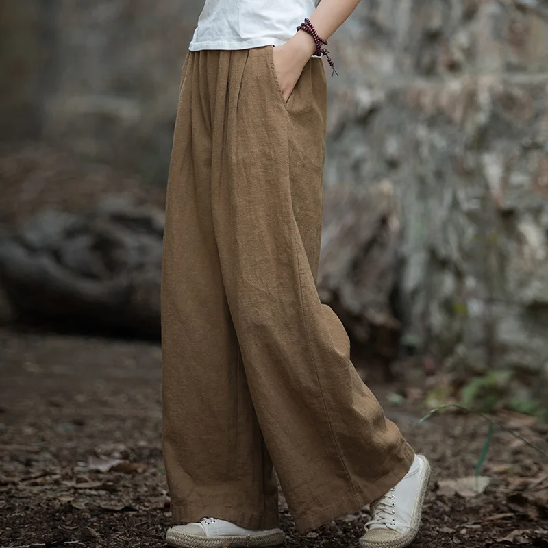 Spring Summer Cotton Linen Wide-leg Pants Women's Clothes Retro Casual Trouser All-match Straight Pants Black Elastic High Waist