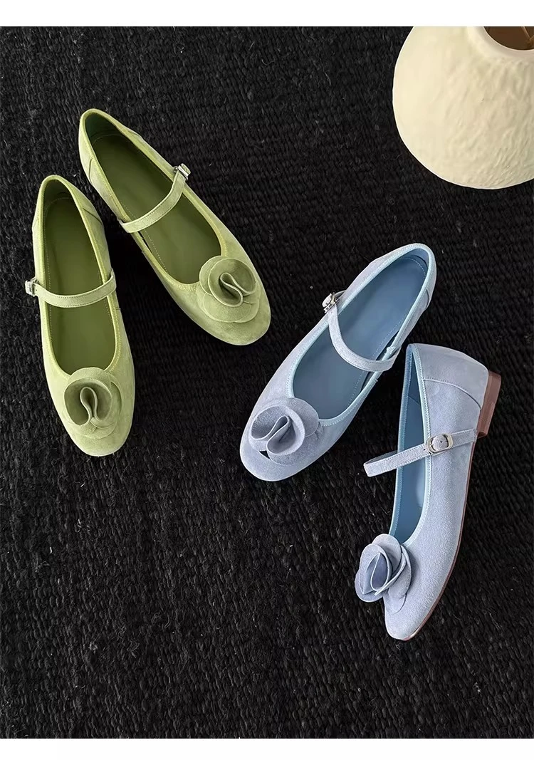 

French-style Green Mary Jane Shoes for Women 2026 New Floral Round-toe Shallow Single-strap Flats Ballet Shoes