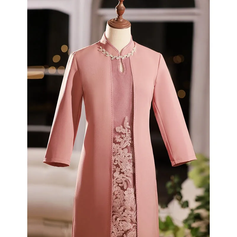 Pink Mother of The Bride Dress Two Pieces Knee Length Beading Cheongsam Zipper Long Sleeve Applique Wedding Gowns With Jacket