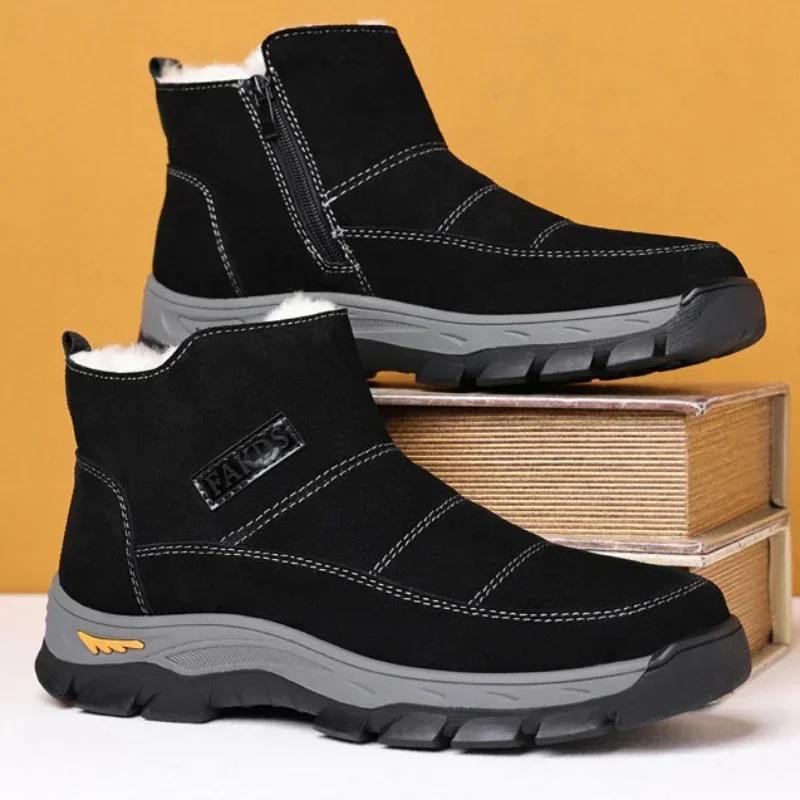 2024 Winter Warm Men Snow Boots Outdoor Genuine Leather Sheep Fur Suede Boots  High-top Mens Casual Shoes Black Brown M22018