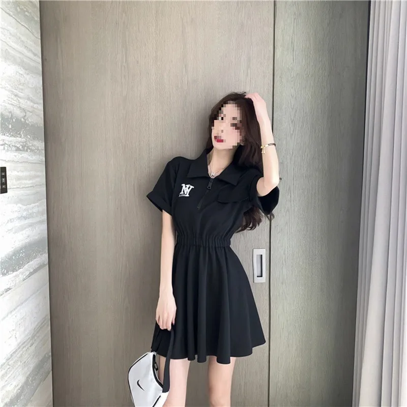 Women's New Summer Korean Style Elegant Slim Fit Embroidered A-Line Mini Polo Collar Little Black Dress