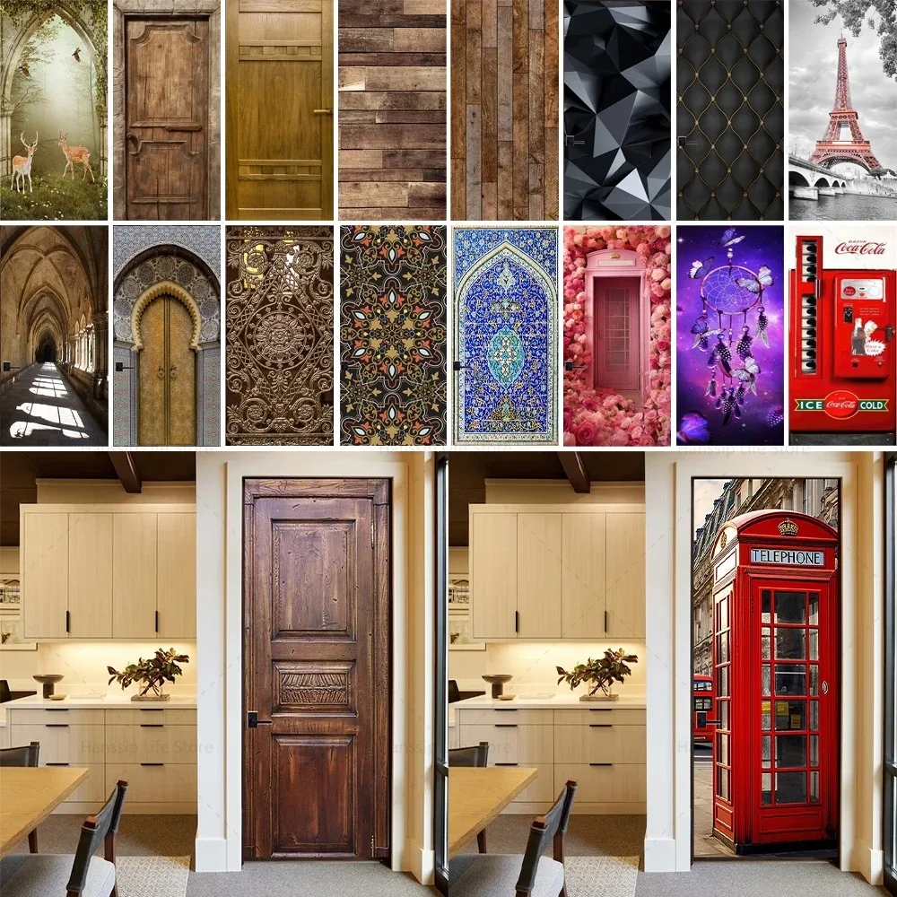 

Creative Retro Telephone Door Sticker Removable PVC Wooden Arch Pattern Door Wrap Mural Wallpaper Home Room Decoration