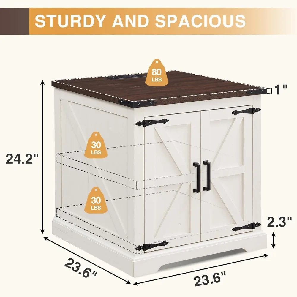 Barnyatoh Farmhouse End Table with Charging Station, 24 Inch Nightstand Set of 2