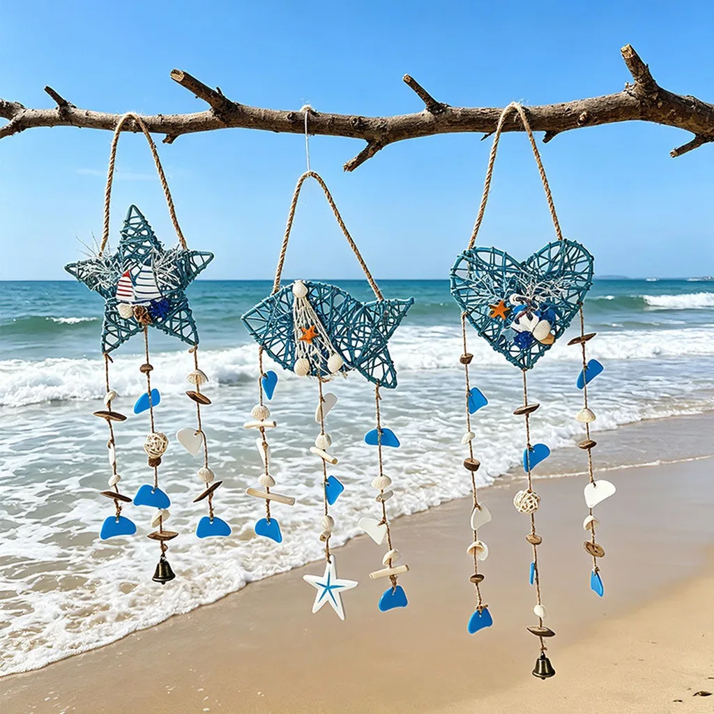 Hand Woven Mediterranean Ocean Wind Chimes, Shell And Starfish Bell Hanging Decorations Ocean And Beach Themed