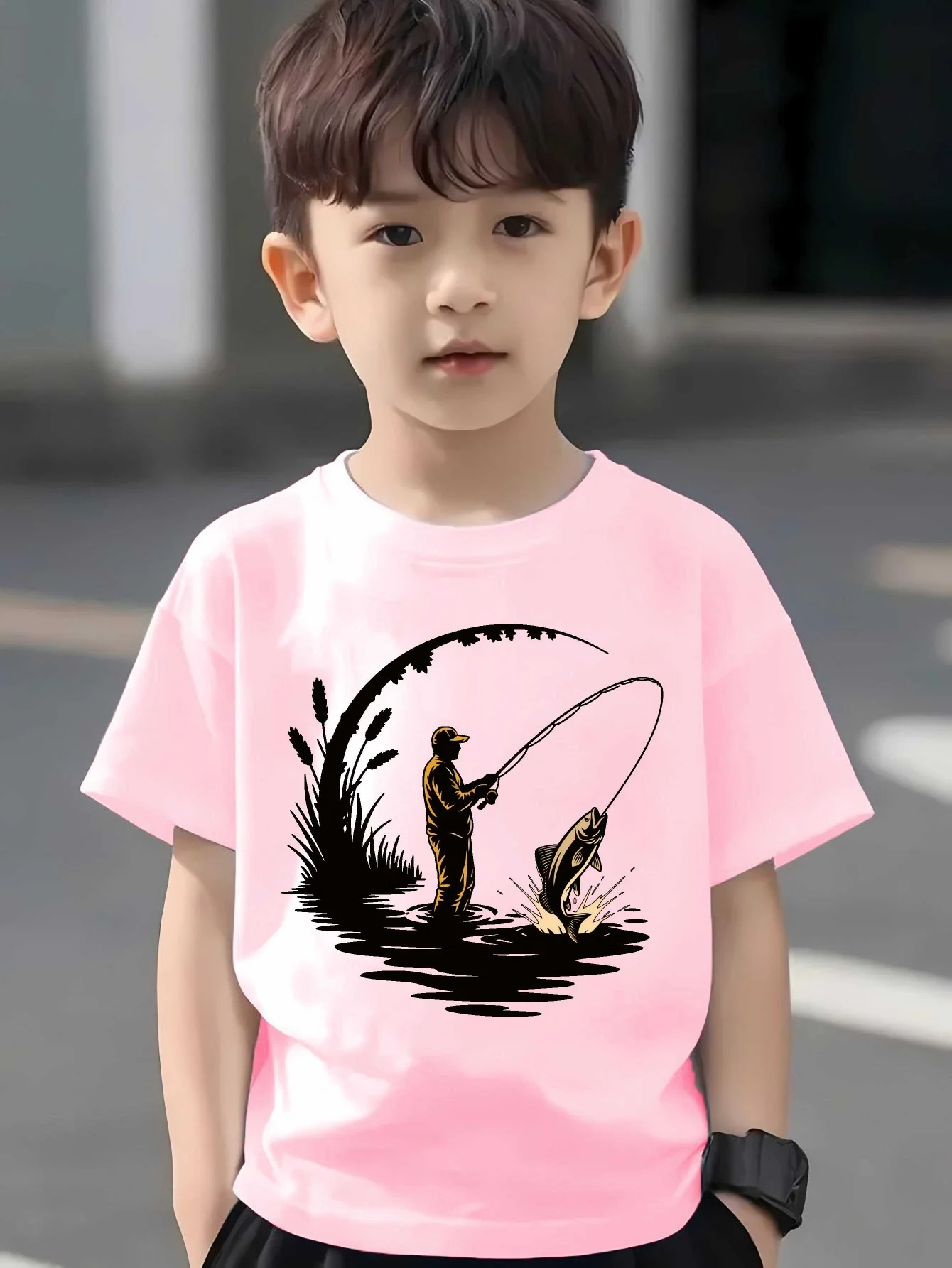 Fishing Enthusiast Printed Round Neck T-shirt, Children's Short Sleeved Summer Trendy Breathable Round Neck Parent-child Top