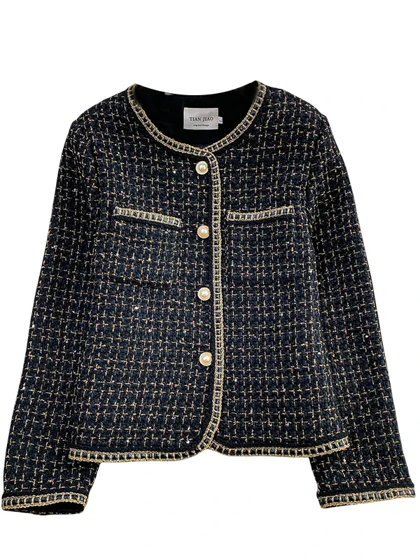   Cappotto lavorato a maglia da donna Faion Young Sli Plaid Tweed rotondo Ne Top Light Luxury Lady Dritto Fit Autunno Lavoro