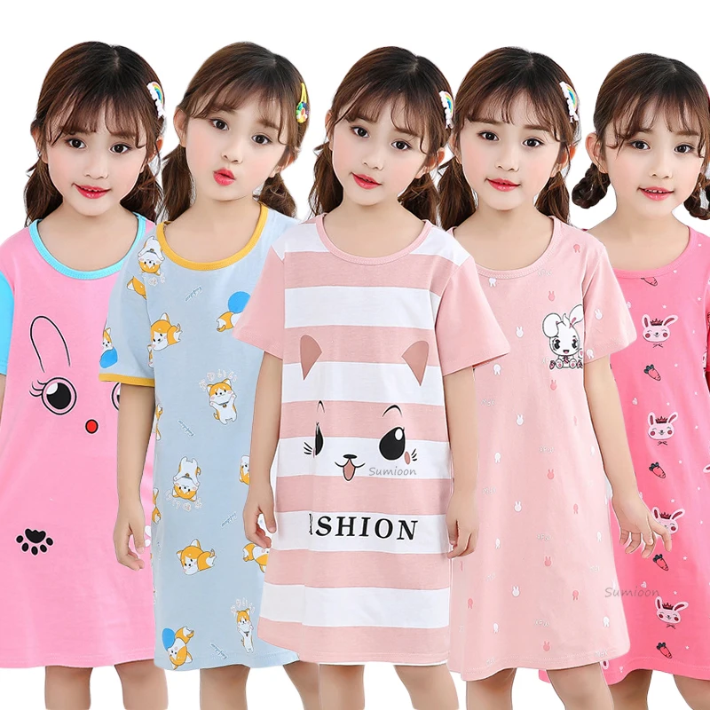 Fashion Summer Girls Nightgown Pajamas Kids Short Sleeved Nightdress Cute 100% Cotton Child Baby Sleeping Dress 6 8 12 14 Years