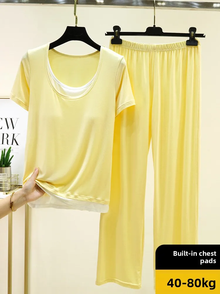 Modal Wireless Bra Home Clothes Summer Thin Long Pants Loose Cotton Style Sleepwear Two-Piece Set Comfortable Breathable