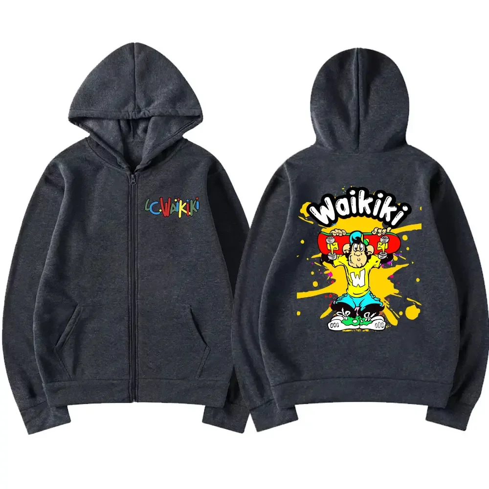 Lc Waikiki Monkey Double Sided Graphic Zipper Hoodie Funny Monkey Playing Skateboard Zip Up Jacket Men Women Fashion Casual Coat