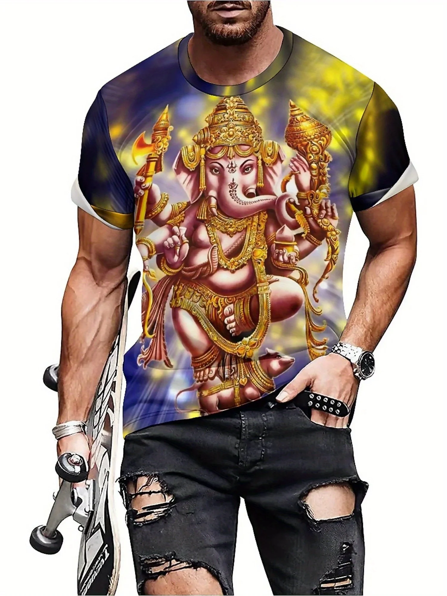 Camiseta masculina e feminina de manga curta com estampa 3D – tecido de poliéster macio, padrão geométrico vibrante, conforto para todas as estações