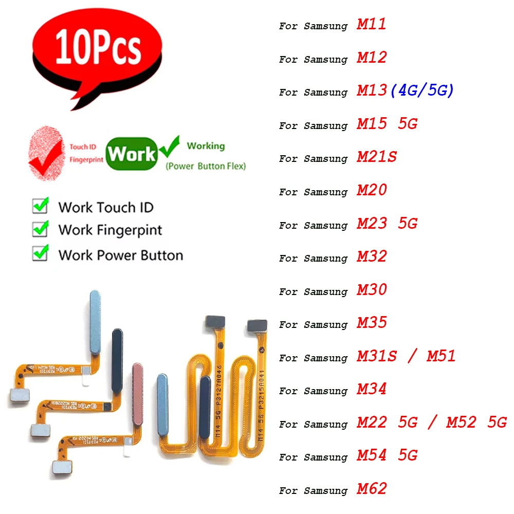 10Pcs，Fingerprint Sensor Scanner Touch ID Connecter Power Home Button Flex For Samsung M11 M12 M13 4G M23 M52 M22 M54 M15 5G