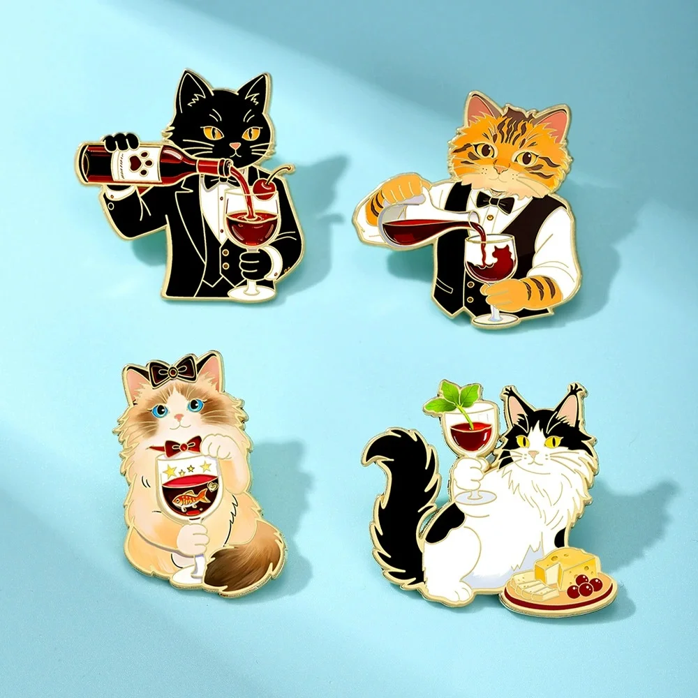 Pins de Esmalte de Gato Cavalheiro Engraçado, Broches de Animais Fofos com Tema Vinho e Queijo, Crachás de Lapela de Gatinho Garçom Fofo, Joias para Mochila e Presentes