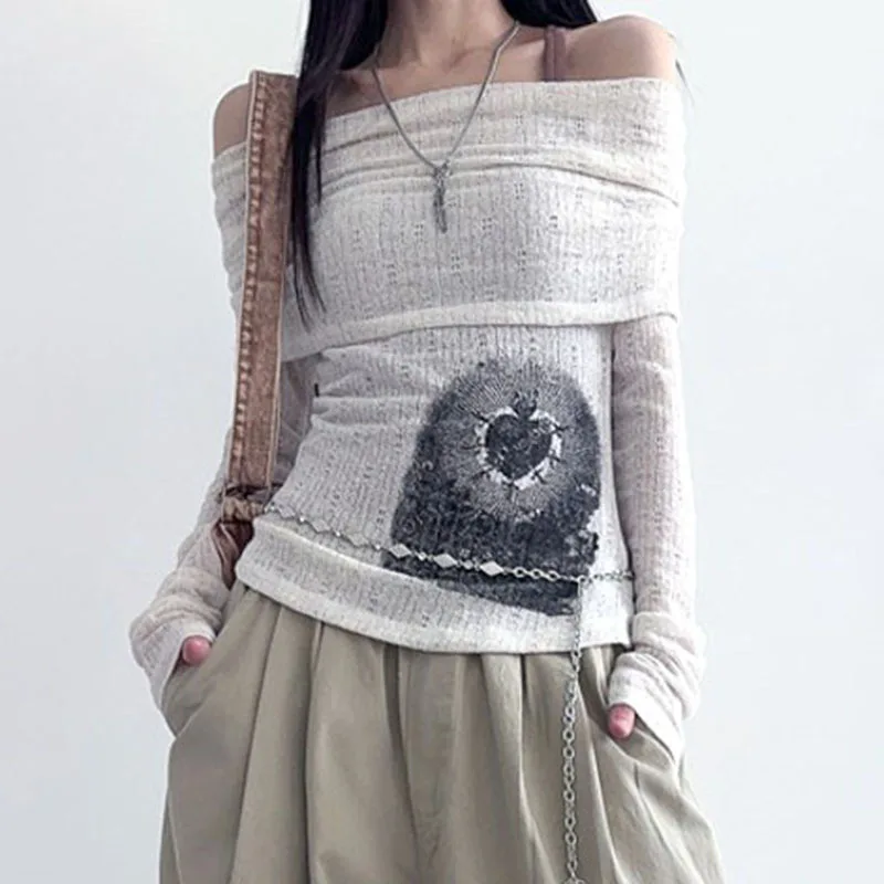 Rockmore Chic Retro One-Shoulder Printed Top Slim Thin Long Sleeve T-Shirt Vintage Streetwear Aesthetic Harajuku Casual Outfits