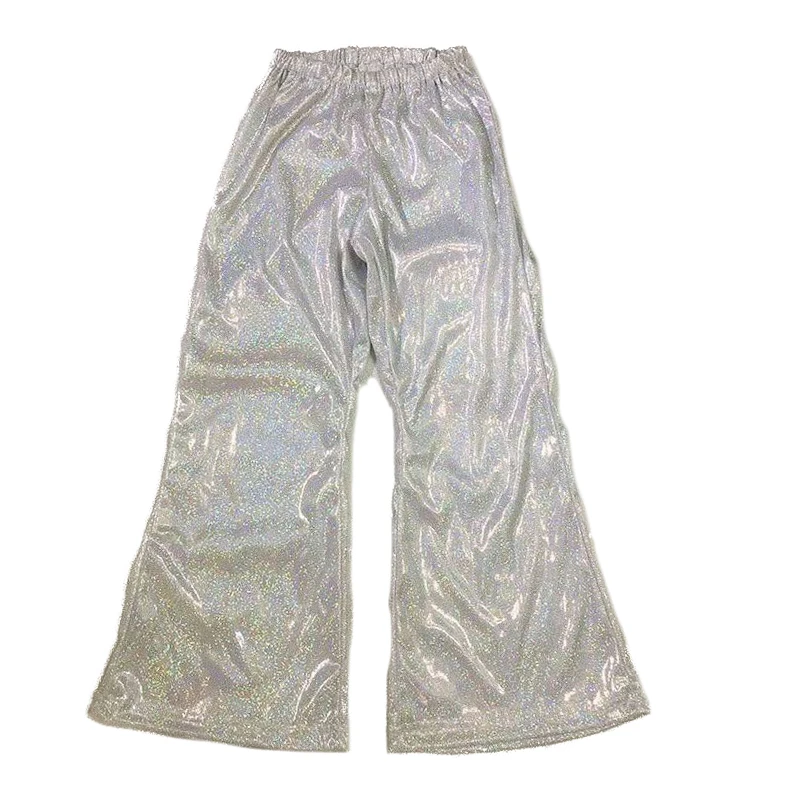 Sexy PU Leather Bell-bottoms Metallic Pants Shiny Holographic Flare Pants Adult Child Bodycon Elastic Waist Trousers Clubwear