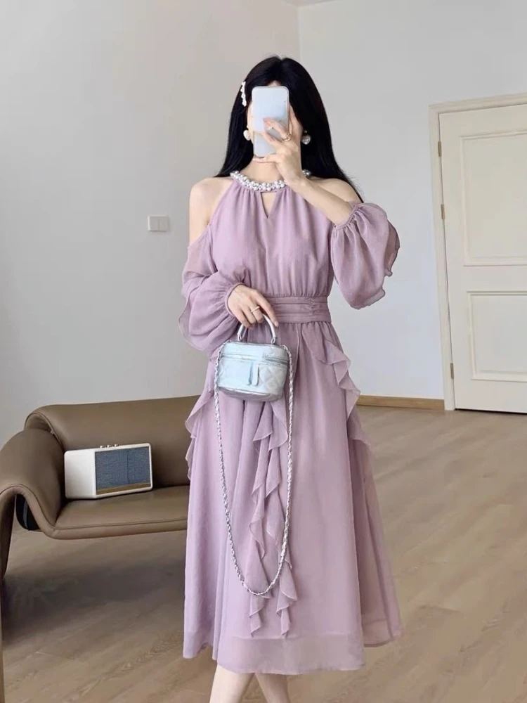 OCEANLOVE Purple Long Dresses French Style Solid Beading Spring Summer Vestidos Mujer Elegant Korean Fashion Women Dress