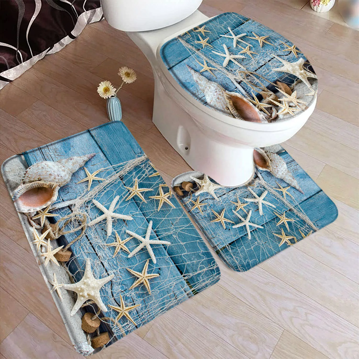 Ocean Beach Bath Mat Set Island Palm Trees Dolphin Fish Coral Nature Scenery Home Carpet Bathroom Decor Floor Rugs Toilet Cover