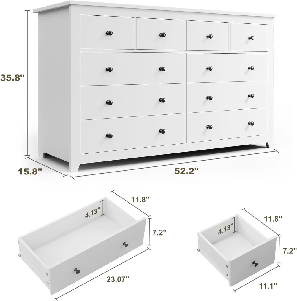 Dresser for Bedroom with 10 Deep Drawers Wood Dresser with Smooth Metal Rail, Large Dressers & Chests of Drawers Wide Dresser