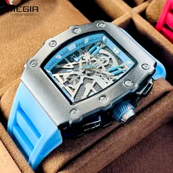 MEGIR Blue Watch Men Fashion Waterproof Lumious Tonneau Dial Chronograph Quartz Analog Wristwatch with Silicone Straph Auto Date