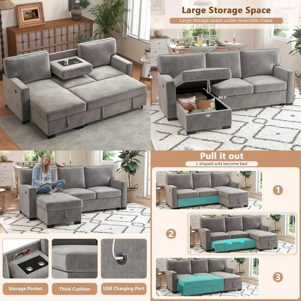 

Диван-кровать-трансформер, секционный диван L-образной формы 90 с выдвижной кроватью, подстаканники, USB-порт для зарядки, двусторонний дизайн